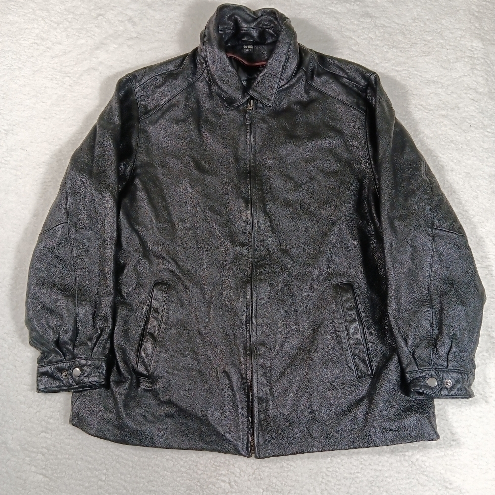 Vintage St Johns Bay Leather Coat Mens XXL Black Motorcycle Jacket Lined - Picture 1 of 10